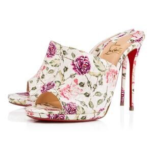 Christian Louboutin Pigamule 120 White Pink Floral Mule Sandal Heel Pump 36.5